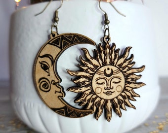 Sun and moon earrings, celestial dangle earrings, sun and moon boho style earrings, sun and moon lover gifts