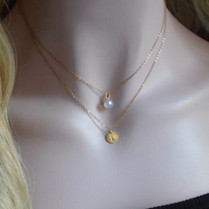 Personalized Tiny Birthstone and Small Initial Dot Necklace, 14K Gold and Sterling Silver Layering Necklaces, A set of 2 Necklaces