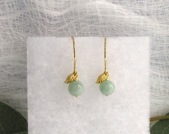 Real Grade A Jadeite-Jade Fei Cui Dangle Leaf Earrings, 18k Gold Sterling Silver Natural Round Green Jade Earrings, Summer Earrings