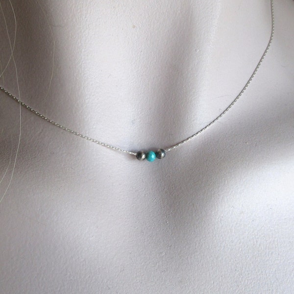 Collar de turquesa con perla navajo diminuto y delicado, joyería minimalista de plata de ley 925, cuentas navajo de 3 mm, perla navajo auténtica redonda, regalo único.