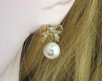 Dainty Ribbon Shell Pearl Earrings / Sterling Silver / 18k Gold / 18k Rose Gold / Bow Earrings / Round Shell Pearl Earrings / Stud Earrings
