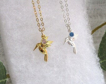 Tiny and Dainty Hummingbird with Cubic Zirconia Birthstone Custom Necklace, 18k Gold, 925 Sterling Silver, Bird Necklace, CZ Necklace
