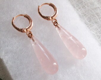 Pretty Teardrop Rose Quartz Hoop Earrings, 18k Rose Gold, 18k Gold, 925 Sterling Silver Earrings, Pink Earrings, Elongated Teardrop Earrings