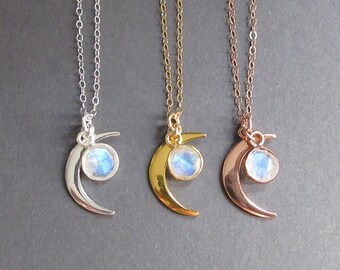 Collar de piedra lunar con luna creciente, oro de 18 quilates, oro rosa, collar de plata esterlina, piedra de nacimiento de junio, collar de piedra lunar arcoíris