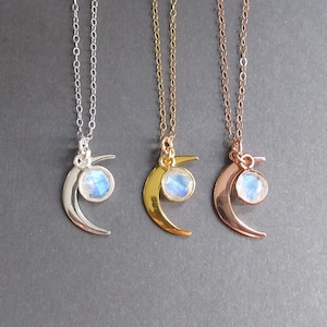 Crescent Moon Moonstone Necklace, 18k gold, Rose gold, Sterling Silver Necklace, June Birthstone, Rainbow Moonstone Necklace