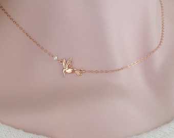 Tiny SideWay Sterling Silver Hummingbird And Your Birthstone Necklace, 18k Gold, Rose Gold Necklace, Joy and Happiness Bird Necklace