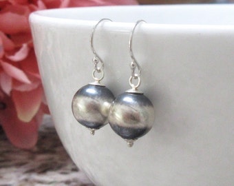 Sterling Silver Navajo Style Pearl Drop Earrings, 12mm Round Pearls