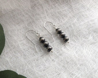 Dainty Sterling Silver Navajo Style Pearl Drop Earrings - 5mm Beads