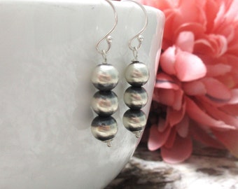 925 Sterling Silver Minimal Jewelry Dainty Three Navajo Style Pearl Earrings