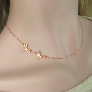2 Tiny SideWay Sterling Silver Hummingbird Necklace, 18k Gold, Rose Gold Necklace, Joy and Happiness Necklace, Bird Necklace