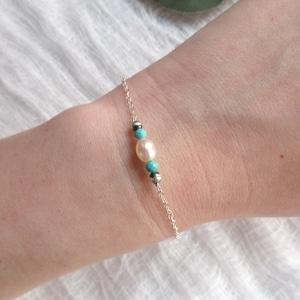 Navajo Pearls Bracelet / Fresh Water Round Pearl Bracelet / Natural Tiny Turquoise / Round Beads Bracelet / 925 Sterling Silver Bracelet/