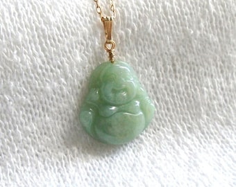 Lucky Buddha, Jade Buddha Necklace Grade A Jadeite-Jade Laughing Buddha 14K Gold Filled Necklace, Sterling Silver Real Jade Buddha Necklace