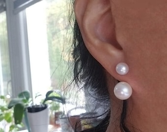 Elegant Modern Chic Real Natural Button Pearl Ear Jacket Earrings, Sterling Silver Pearl Jacket Earring, Popular Ear Jacket, White or Grey