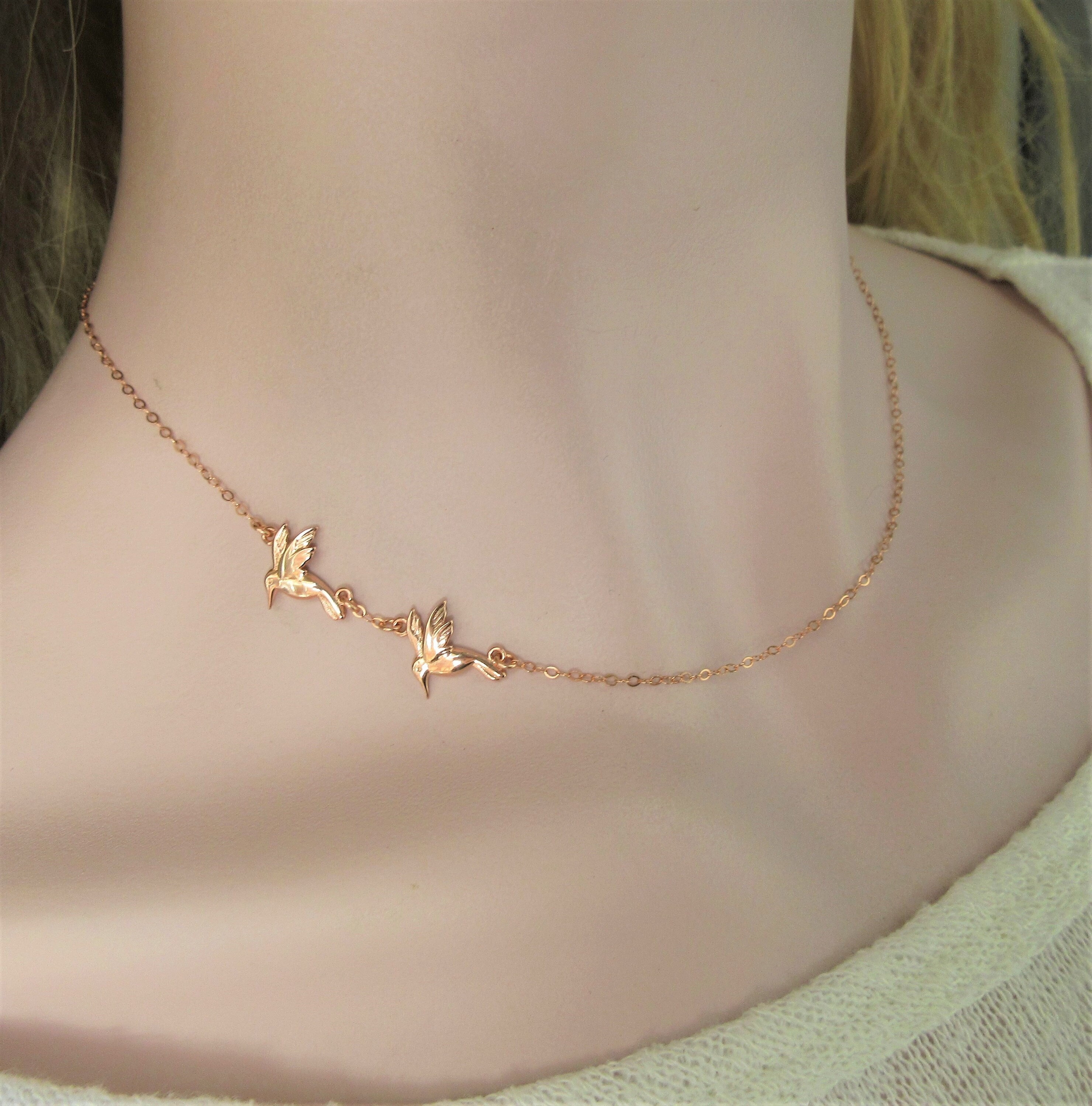 2 Tiny SideWay Sterling Silver Hummingbird Necklace, 18k Gold, Rose Gold Necklace, Joy and Happiness Necklace, Bird Necklace