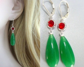 Green Jade Chandelier Swinging and Moving Sleek Earrings, 14K Gold Filled, 925 Sterling Silver