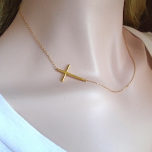 Skinny Sideway Cross Necklace, Long Skinny Cross Necklace, Gifts for Her