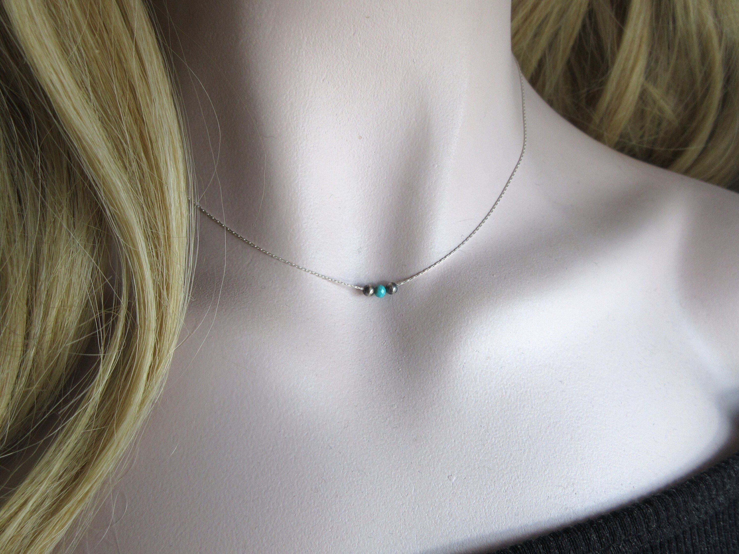 Tiny and Dainty Navajo Pearl Turquoise Necklace, 925 Sterling Silver Minimal Jewelry, 3mm Navajo Beads, Round Real Navajo Pearl, Unique Gift