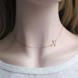 Sideway Tiny Sterling Silver Swallow Necklace, 18k Gold, Rose Gold Necklace, Joy and Happiness Necklace, Bird Necklace