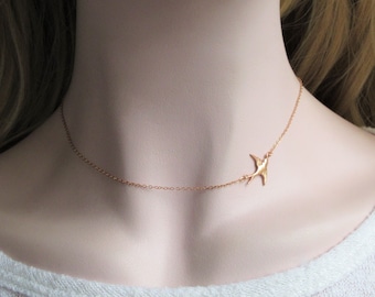 Sideway Tiny Sterling Silver Swallow Necklace, 18k Gold, Rose Gold Necklace, Joy and Happiness Necklace, Bird Necklace