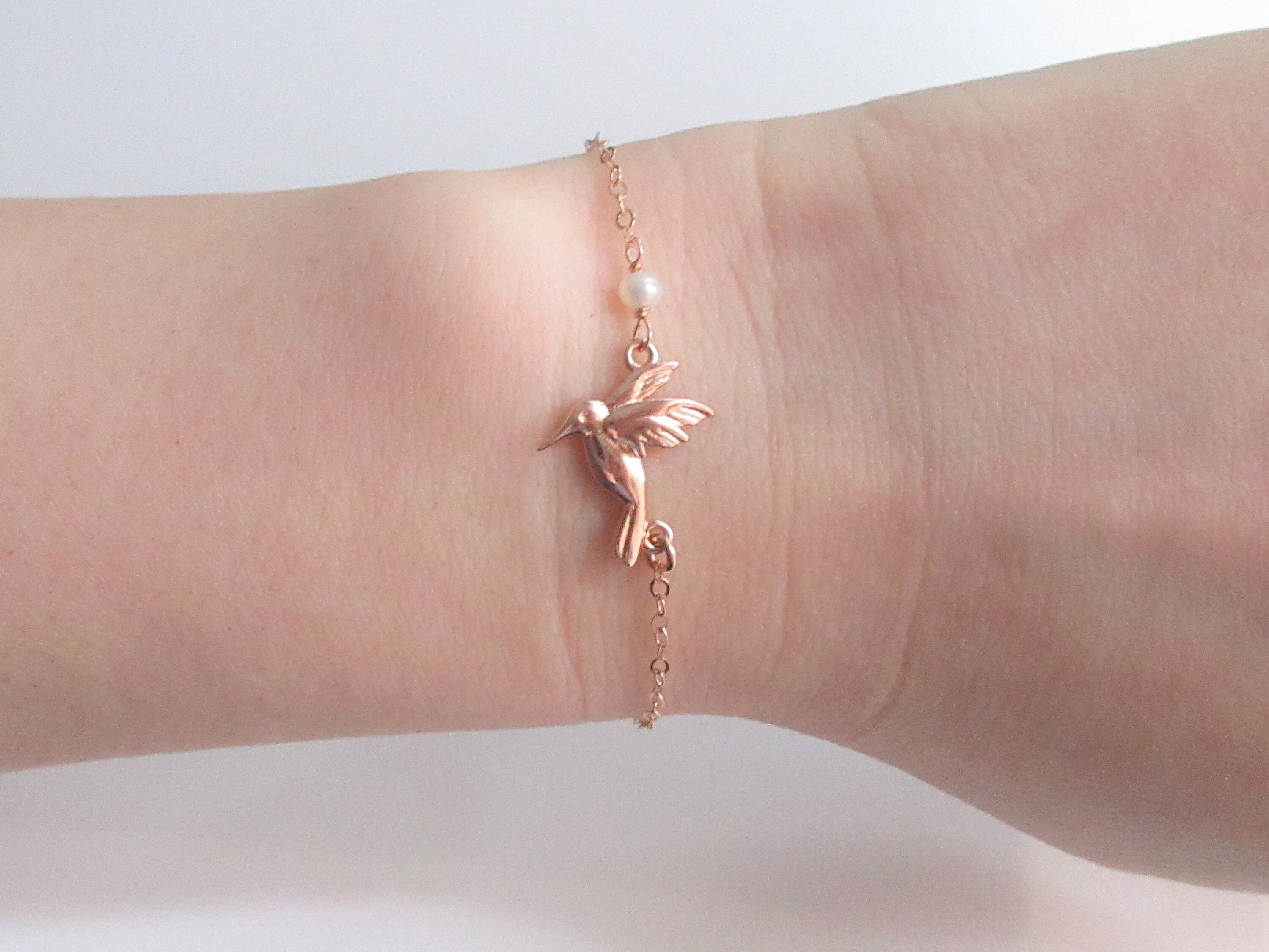 Tiny Sterling Silver Hummingbird And Birthstone Bracelet,  Sterling silver, 18k Gold, Rose Gold, Joy and Happiness Bird Bracelet