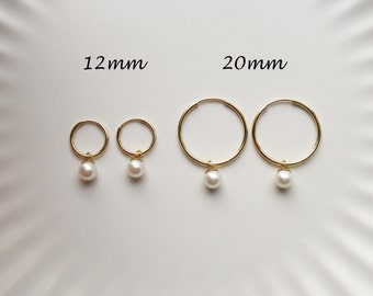 14K Gold Filled Round Pearl Hoop Earrings, Gift for Her, Bridesmaid Gift, June Birthstone