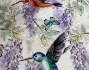 Hummingbird Fabric, Soft Minky Fabric, Velvety Soft Fabric, Floral Fabric