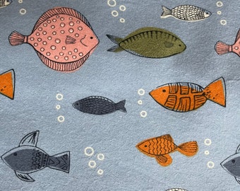 Fishes on Blue 100% Cotton Super Snuggle Flannel Fabric in Fat