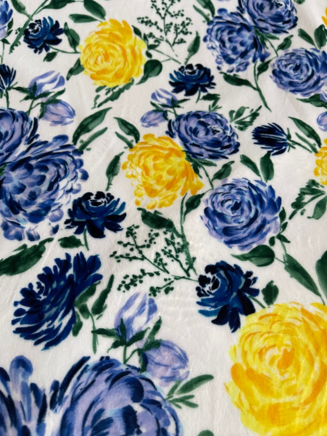 Floral Blue and Yellow Rose Soft Minky Fabric. - Etsy