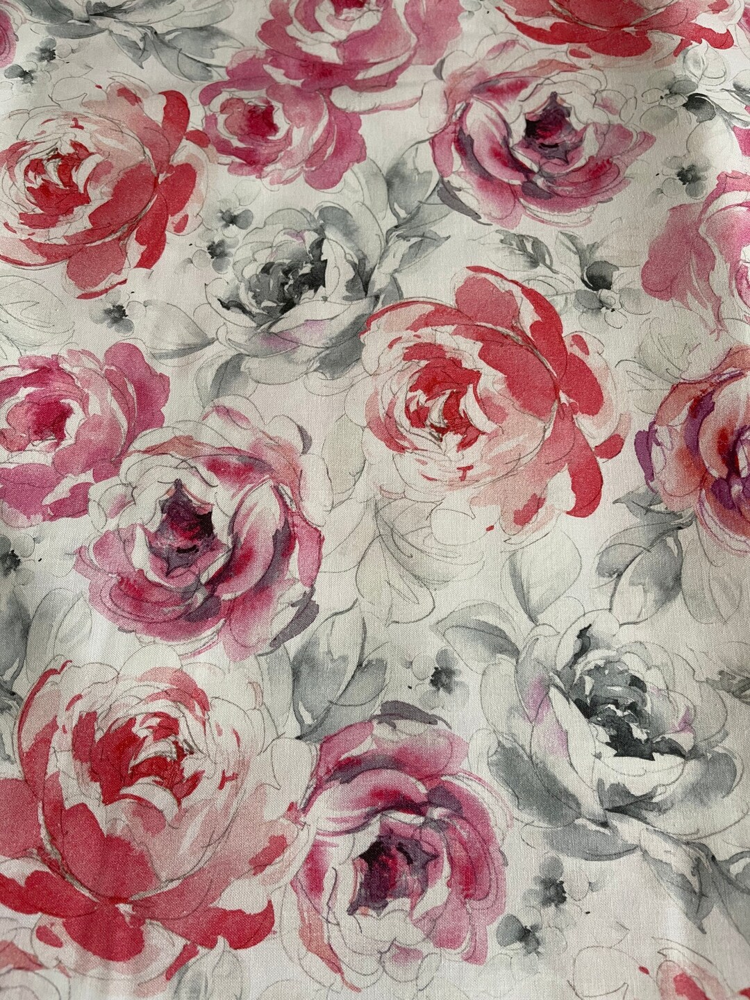 Pink Floral Cotton Fabric, 100 Cotton, Pink Rose, Pink and Gray Fabric