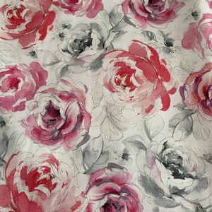 Pink Floral Cotton Fabric, 100% Cotton, Pink Rose, Pink and Gray Fabric, Watercolor Floral Fabric