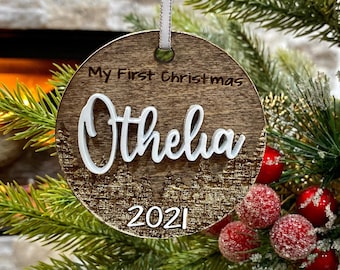 Baby's First Christmas Ornament 2021/ Round Personalized 2021 Holiday Ornament / Laser Cut / Gift