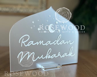 Gegraveerd Ramadan Mubarak-tafelbord MATIG WIT Ramadan-decor acryl