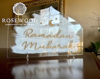 Engraved Ramadan Mubarak Table Sign White/Gold Ramadan Decor