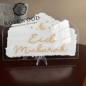 Engraved Eid Mubarak Table Sign White/Gold Ramadan Decor