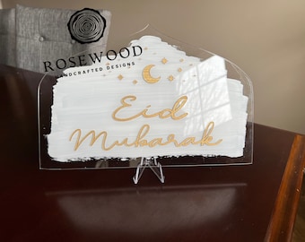 Engraved Eid Mubarak Table Sign White/Gold Ramadan Decor