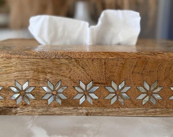 Funda para caja de pañuelos de madera de mango, incrustaciones de nácar Tatreez, decoración palestina, lujoso soporte de madera para pañuelos, decoración para el hogar de Oriente Medio