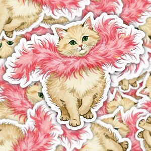 Rosa Federboa Katzenaufkleber, lustige Katzen-Vinyl-Aufkleber, süßes Geschenk für Katzenliebhaber, frecher Katzenaufkleber, Glam Cat Sticker für Laptop oder Wasserflasche