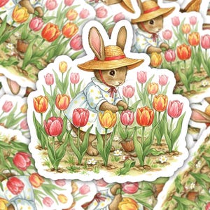 Adesivo coniglietto Cottagecore, adesivo giardino di tulipani, adesivo in vinile coniglio primaverile, adesivo coniglietto floreale, adesivo coniglietto carino, regalo per giardiniere