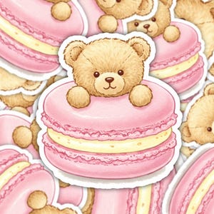 Macaron Teddybär Aufkleber, Dessert Bär Vinyl Aufkleber, Süßer Pastellbär Aufkleber, Wundervoller Lebensmittel Aufkleber, Vintage Aquarell Aufkleber