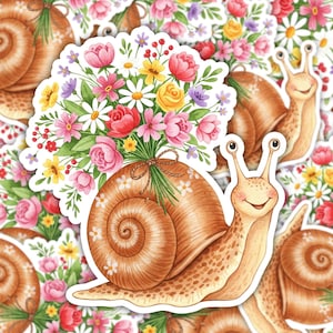 Schnecken Aufkleber mit Blumenstrauß, Cottagecore Aesthetic Vinyl Sticker. Tier Sticker für Laptops & Journals