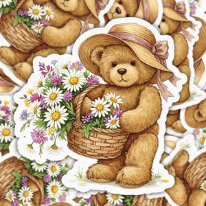 Cottagecore Coquette Teddy Bear Sticker, Vintage Aesthetic Bear with Sunhat and Wildflowers, Soft Pastel Vinyl Sticker