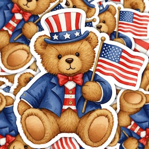 Sticker ours américain | Sticker patriotique 4 juillet | Aquarelle de l'Oncle Sam