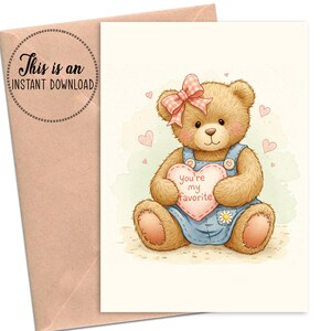 Cartão de Ursinho de Pelúcia para Imprimir, Você é Meu Favorito. Cartão Digital para Download, Aquarela em Pastel Suave, Bilhete de Amor Fofo