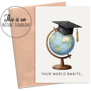 Cartão de formatura para impressão – “Seu mundo espera” – Download instantâneo em PDF, boné no globo, cartão de felicitações com design de aquarela sentimental