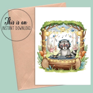 Printable Raccoon Birthday Card | Cute Woodland Animal Greeting | DJ Forest Party Card | Digital Download | Funny Kids Card