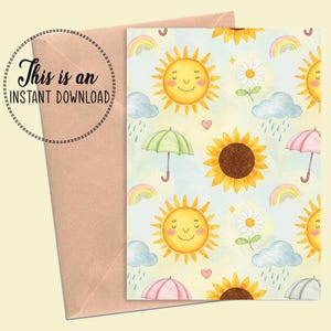 Carte de rétablissement imprimable – motif soleil en téléchargement numérique, voeux aquarelle soleil et arc-en-ciel, carte météo joyeuse