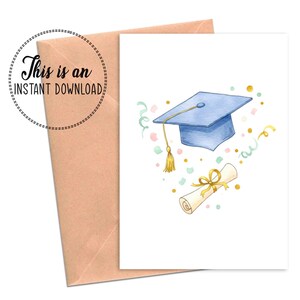 Tarjeta de graduación imprimible con birrete y confeti, tarjeta de felicitación de graduación, descarga digital de graduación en tonos pastel (PDF plegable de 5x7)