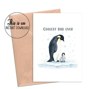 Carte de fête des pères imprimable, papa pingouin mignon et poussin, « papa le plus cool de tous les temps », téléchargement numérique pour les papas qui aiment les animaux