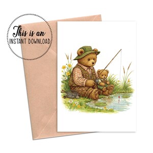 Carte de fête des pères imprimable, scène de pêche papa ours et oursons, téléchargement numérique pour papa