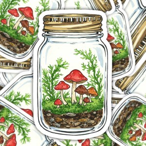 Sticker terrarium champignon Cottagecore, sticker botanique bocal en verre, sticker vinyle imperméable inspiré de la nature pour ordinateurs portables et cadeaux